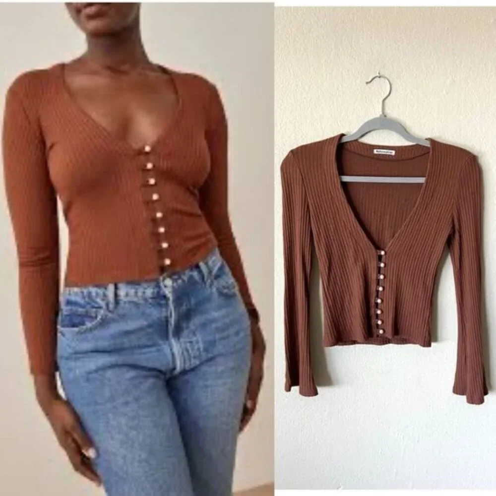 Reformation Gellar Knit Brown Crop Top Button Down Cardigan Size Xs